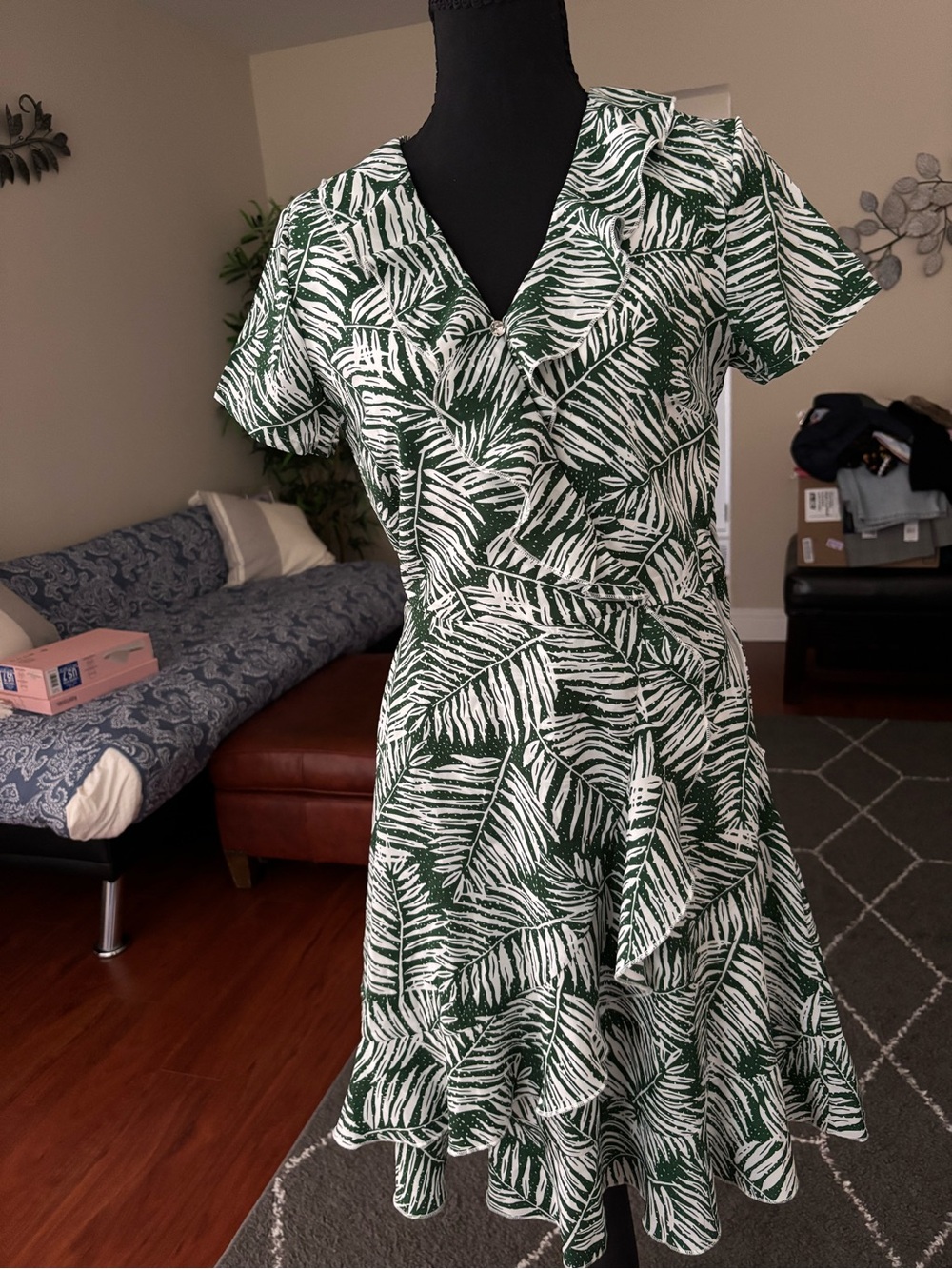 Source Unknown Green and White Tropical Wrap Midi Dress